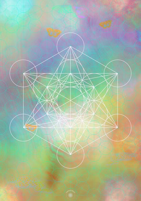 Heaven on Earth ceremony mat — fractal sacred geometry over a dawn sky