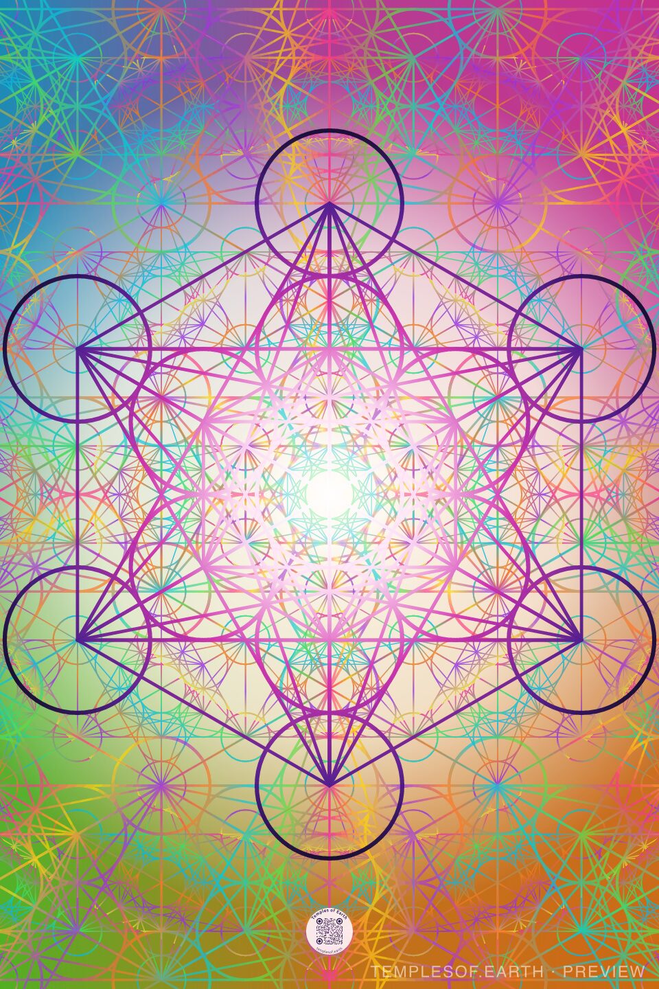 Blotter ceremony mat design: Violet linework over a full-spectrum bloom of pink, lime and tangerine