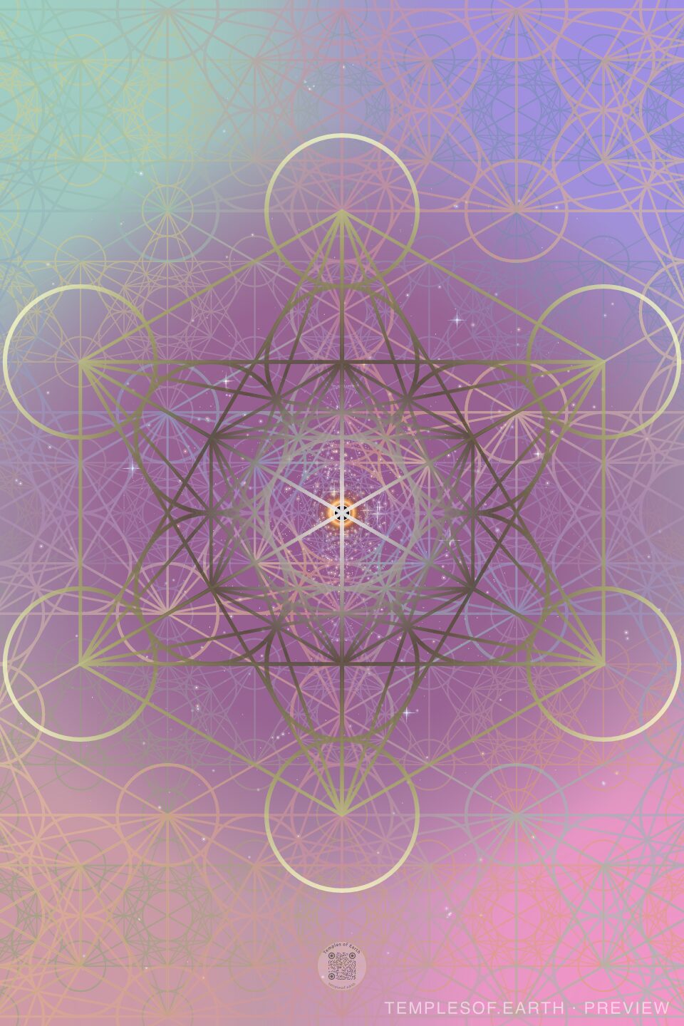 Cosmos ceremony mat design: A soft nebula of mauve and seafoam, the cube drawn in dusky rose around a quiet star