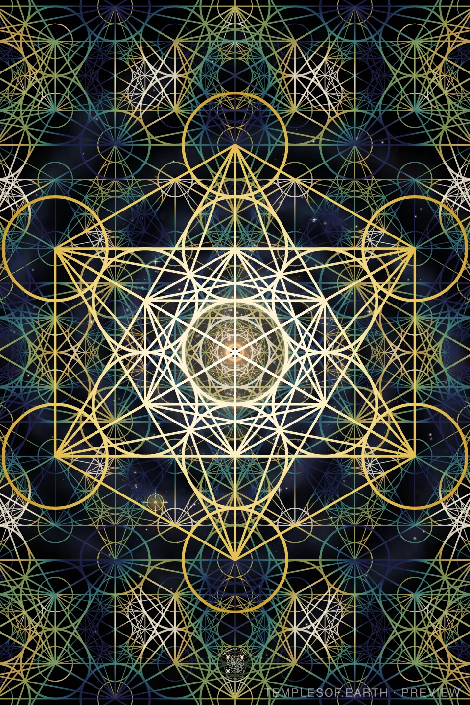 The Metatron's Slice design: a gold Metatron's Cube over an indigo night